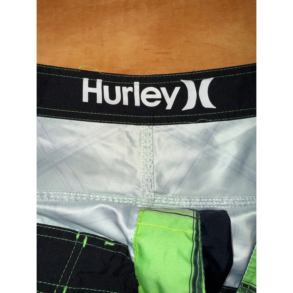 Hurley Mens Board Shorts Lime Green Plaid Swim Trunks Cargo Pocket Size 36